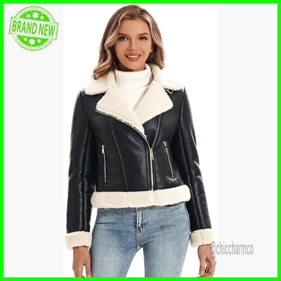 Faux Leather Moto Jacket with Fur Lining Cropped Design Windproof Relaxed Fit